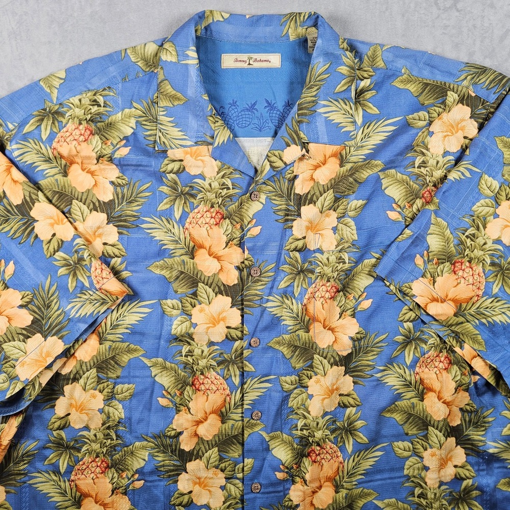 Tommy Bahama Shirt Mens 2XB 100% Silk Blue Pineapple Floral Print Button Up